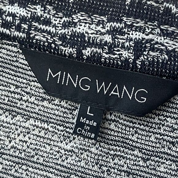 MING WANG Jacket Cardigan Size Large Navy Blue Cream Knit Clasp Closure Work - Picture 4 of 7